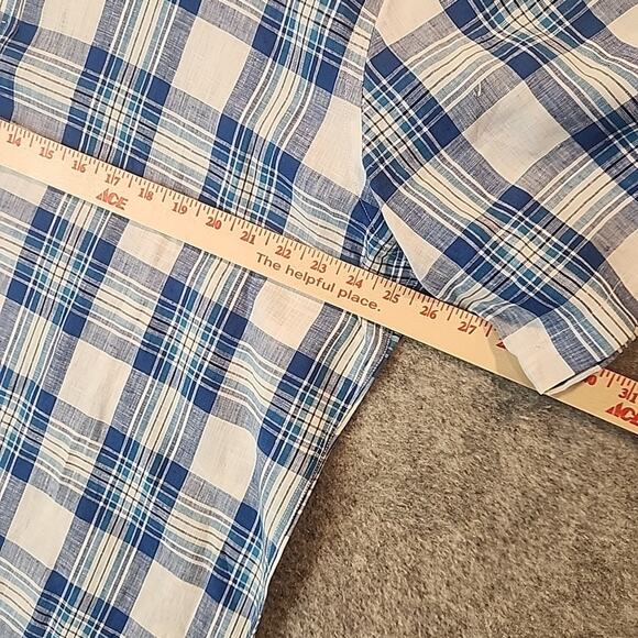 Neiman Marcus Men XXL Short Sleeve Linen Button Shirt Blue White Check - Picture 5 of 8